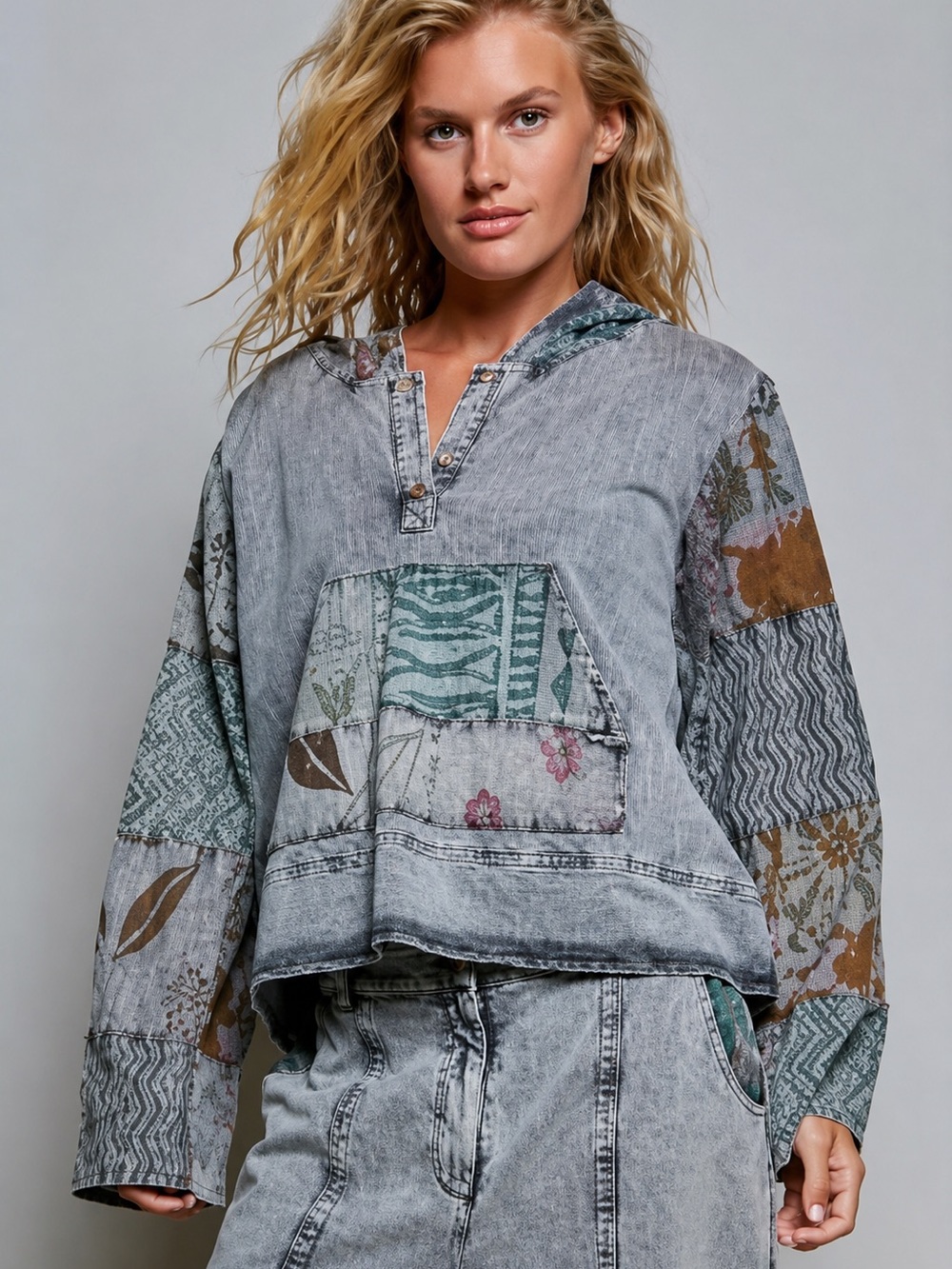 New nwt POL Washed Gray Patchwork Hooded Pullover HOODIE TOP S M L